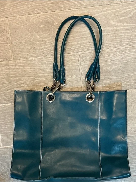 Wilsons Leather Blue/Green Satchel Tote with Double Rolled Handles - Picture 3 of 7